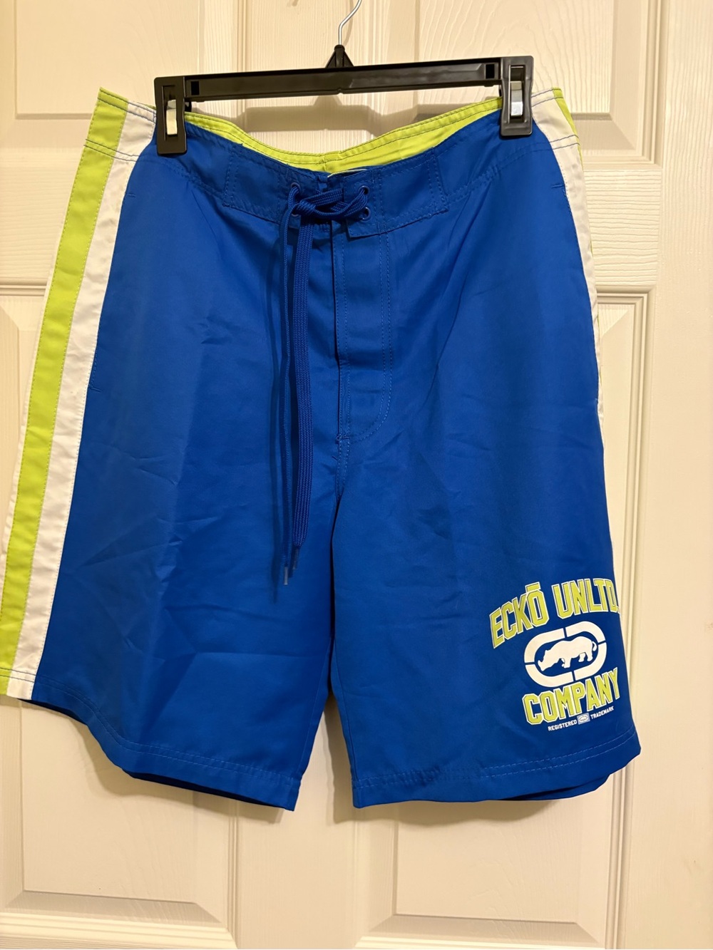 Vintage Y2K Ecko Unlimited Blue Swim Shorts with Lime and White Stripes NWOT‎